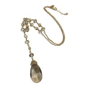 Y2K Smokey Gray Teardrop Crystal Pendant Lariat Necklace: Gold Tone Chain